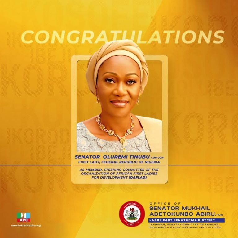 Senator Tokunbo Abiru Congratulates Her Excellency, Senator Oluremi Tinubu, CON, OON, On OAFLAD Membership Feat