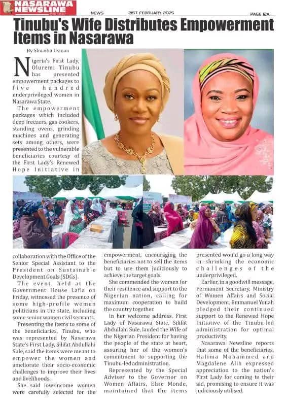 Nigeria’s First Lady, Senator Oluremi Tinubu has empowered 500 women’s in Nasarawa State.